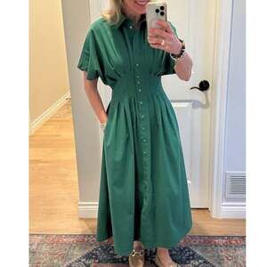 EXQUISE Tobie Button-Front Pleated Shirt Dress in Green Size Large
